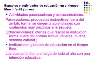 Espacios y actividades de educación en el tiempo libre infantil y juvenil. Actividades paraescolares y extracurriculares. Paraescolares: propuestas instructivas fuera del ámbito formal se dirigen a aprendizajes con contenidos muy próximos a la escuela. Extracurriculares: ofertas que realiza la institución formal fuera del horario lectivo (talleres, cursos, semana cultural.) Instituciones globales de educación en el tiempo libre. Las que continúan a lo largo de todo el año con una intención educativa. 