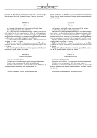 ejercer, por escrito, los derechos de acceso, rectificación, cancelación
y, en su caso, de oposición, ante del Servicio de Recursos Humanos de
esta Universitat.
ANEXO II
Baremo
A) Formación relacionada con el proyecto y perfil de la plaza:
A.1) Expediente académico (hasta 20 puntos).
B) Experiencia en actividades profesionales o de I+D relacionadas
con el grupo y perfil de la plaza (tiempo en el puesto de trabajo, publi-
caciones, ponencias y comunicaciones presentadas a congresos, partici-
pación en proyectos de investigación y/o contratos con administración/
empresa, estancias en otros centros de investigación): hasta 50 puntos.
C) Otros méritos (idiomas de interés científico, valenciano, docen-
cia universitaria, etc.): hasta 10 puntos.
D) Entrevista, destinada a evaluar los conocimientos del candidato
o candidata en relación con las tareas a desarrollar en el proyecto: hasta
20 puntos.
Será posible aplicar coeficientes correctores que midan la adecua-
ción de los méritos alegados al perfil de la plaza.
ANEXO III
Comisión evaluadora
Comisión evaluadora titular:
Presidente: un vicerrector o vicerrectora de la Universitat Jaume I.
Vocales: tres en representación de la Universitat Jaume I.
Secretario: un funcionario o funcionaria de carrera del Servicio de
Recursos Humanos, que actuará como secretario o secretaria con voz
pero sin voto
Comisión evaluadora suplente: la misma estructura.
per escrit, els drets d’accés, rectificació, cancel·lació i, si escau, d’opo-
sició, davant el Servei de Recursos Humans d’aquesta universitat.
ANNEX II
Barem
A) Formació relacionada amb el projecte i perfil de la plaça:
A.1) Expedient acadèmic: fins a 20 punts.
B) Experiència en activitats professionals o d’R+D relacionades
amb el grup i perfil de la plaça (temps en el lloc de treball, publicaci-
ons, ponències i comunicacions presentades a congressos, participació
en projectes d’investigació i/o contractes amb administració/empresa,
estades en altres centres d’investigació): fins a 50 punts.
C) Altres mèrits (idiomes d’interès científic, valencià, docència uni-
versitària, etc.): fins a 10 punts.
D) Entrevista, destinada a avaluar els coneixements del candidat o
candidata en relació amb les tasques a desenvolupar en el projecte: fins
a 20 punts.
Serà possible aplicar coeficients correctors que mesuren l’adequació
dels mèrits al·legats al perfil de la plaça.
ANNEX III
Comissió avaluadora
Comissió avaluadora titular:
President: un vicerector o vicerectora de la Universitat Jaume I.
Vocals: tres en representació de la Universitat Jaume I.
Secretari: un funcionari o funcionària de carrera del Servei de
Recursos Humans que actuarà amb veu però sense vot.
Comissió avaluadora suplent: la mateixa estructura.
Num. 7472 / 24.02.2015 5139
 