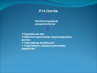 P. H. Coombs Planificar proyectos de educación no formal Diagnóstico del área Determinar las prioridades  de aprendizaje de los  alumnos Crear sistemas  de distribución Implementación, evaluación permanente y adaptabilidad. 