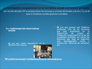 La formación ocupacional en la iniciativa social y el sector privado :   por me dio del plan FIP se proporcionan los recursos y a través del Estado y de la C. E y se de paso a iniciativas sociales gratuita y privadas Dos  modelos responden a las iniciativas sociales:  a)  Las que tienen dependencia de la administración laboral  b )  Las que poseen una dinámica autónoma. Uno de los sectores que mas predomina en la impartición de cursos de formación ocupacional es la de las academias privadas, en estas las materias que mas se imparten son: mecanografía, corte y confección, técnicas de estudios, etc.  El problema viene por la falta de aprobación de los estudios.  