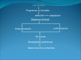 Programas no formales selección adaptación Sistema formal Estandarización uniformización No formal Necesidades autóctonas Seleccionar los contenidos 
