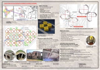 CASE STUDY ON JAUNAPUR SLUM RESETTLEMENT SCHEME
AAKRITI RAWAT
ARC-1024
B.ARCH, 10th SEM. (2010-2015)
SUBMITTED TO : CASE STUDY REPORT THESIS TOPIC : SIGNATURE : SUBMITTED BY :
FACULTY OF ARCHITECTURE
RPET GROUP OF INSTITUTIONS SHEET NO.2 SOCIO-CULTURAL HOUSING
KARNAL
ABOUT THE SITE :
• It is very rocky, heavily contoured.
• Site is fed by two main roads.
• Soil type-
• Total site area – 61 acres
• Built up area – 45 acres
• Area of the roads including – 15 acres (24.59 %)
pathways and chowks
• Area under greens -16 acres (28.8 %)
• Density achievable – 110 du units/acre
• Resultant Density achieved – 80 du units/acre
• Total no.of units – 3600 units
DIAGONAL GRID ADVANTAGE
• Building on diagonal grid allows for more flexibility.
• Entries could be changed according to the individual’s
comfortability from vastu point of view i.e from
NORTH ,NORTH-EAST OR EAST.
• Cross breeze from all directions can be tapped and very
effective VENTURI EFFECT could be experienced.
• Cross courts provide ventilation for the units.
• Entry of a du is taken from one court while its
ventilation from the adjacent court.
In built check for
encroachment
DWELLING UNITS :
• Designed as skeleton units and hence provides freedom to reuse walling materials from their
earlier homes.
• D.u are arrow shaped,tail of the arrow forming cooking alcove.
• Cooking space is provided with an inclined r.c.c slab for future access upstairs.
• Habitable room- 15.8 sq.m/d.u
• Incremental area upto – 31.6 sq.m
• Identical unit on the upper floor
• 7.3m X 7.3m wide courts shared between 4-5 units.
• Provision for vertical expansion.
DIAGRAM SHOWING EFFECTIVE
VENTURI EFFECT
CONSTRUCTION TECHNIQUES
Funicular shell roofing with waste stone infill :
• Minimises use of high energy steel reinforcement.
• Minimises requirement of internal plasters.
Surface engineered walling blocks
• Have an impermeable non-erodible diaphragm with required finish.
• They are casted using simple hand operated moulds.
• Have horizontal core for easy handling and are filled by waste polythene bags.
Stone-faced concrete paving panels
• Internal roads are paved in 18”X18” concrete panels that are faced with waste stone.
Jack arched rcc drain covers
• The inherent strength of jack arch form allows minimal use of steel and cement.
• Aesthetically pleasing,aloows percolation of storm water through joints.
Welded trussed girders
Prefabricated trussed stell girders have been used for the structural framework in plinth
beams,vertical columns and tie beams.
FUNICULAR SHELL ROOFINGVIEW OF RESIDENTIAL UNITCOMBINED TOILET UNITS
CONCRETE PAVING
PANELS
INTERIOR VIEW OF A
TYPICAL UNIT
N
N
LATITUDE - 28°28‘1.55"N
LONGITUDE - 77°9‘9.01“E
PLAN SHOWING THE WIND DIRECTION AND CROSS VENTILATION
 