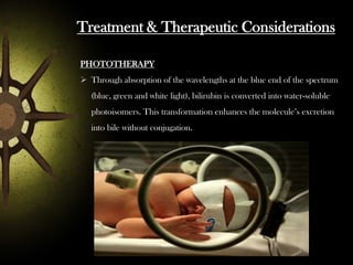 Treatment & Therapeutic Considerations
PHOTOTHERAPY
 Through absorption of the wavelengths at the blue end of the spectrum

(blue, green and white light), bilirubin is converted into water-soluble
photoisomers. This transformation enhances the molecule’s excretion
into bile without conjugation.

 