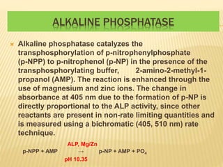ALKALINE PHOSPHATASE
 Alkaline phosphatase catalyzes the
transphosphorylation of p-nitrophenylphosphate
(p-NPP) to p-nitrophenol (p-NP) in the presence of the
transphosphorylating buffer, 2-amino-2-methyl-1-
propanol (AMP). The reaction is enhanced through the
use of magnesium and zinc ions. The change in
absorbance at 405 nm due to the formation of p-NP is
directly proportional to the ALP activity, since other
reactants are present in non-rate limiting quantities and
is measured using a bichromatic (405, 510 nm) rate
technique.
ALP, Mg/Zn
p-NPP + AMP → p-NP + AMP + PO4
pH 10.35
 