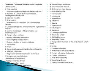  Cholestat ic Conditions That May Produce Jaundice
 I. Intrahepatic
 A. Viral hepatitis
 1. Fibrosing cholestatic hepatitis—hepatitis B and C
 2. Hepatitis A, Epstein-Barr virus infection,
cytomegalovirus infection
 B. Alcoholic hepatitis
 C. Drug toxicity
 1. Pure cholestasis—anabolic and contraceptive
steroids
 2. Cholestatic hepatitis—chlorpromazine, erythromycin
estolate
 3. Chronic cholestasis—chlorpromazine and
prochlorperazine
 D. Primary biliary cirrhosis
 E. Primary sclerosing cholangitis
 F. Vanishing bile duct syndrome
 1. Chronic rejection of liver transplants
 2. Sarcoidosis
 3. Drugs
 G. Congestive hepatopathy and ischemic hepatitis
 H. Inherited conditions
 1. Progressive familial intrahepatic cholestasis
 2. Benign recurrent cholestasis
 I. Cholestasis of pregnancy
 J. Total parenteral nutrition
 K. Nonhepatobiliary sepsis
 L. Benign postoperative cholestasis
 M. Paraneoplastic syndrome
 N. Veno-occlusive disease
 O. Graft-versus-host disease
 P. Infiltrative disease
 1. Tuberculosis
 2. Lymphoma
 3. Amyloidosis
 Q. Infections
 1. Malaria
 2. Leptospirosis
 II. Extrahepatic
 A. Malignant
 1. Cholangiocarcinoma
 2. Pancreatic cancer
 3. Gallbladder cancer
 4. Ampullary cancer
 5. Malignant involvement of the porta hepatis lymph
nodes
 B. Benign
 1. Choledocholithiasis
 2. Postoperative biliary strictures
 3. Primary sclerosing cholangitis
 4. Chronic pancreatitis
 5. AIDS cholangiopathy
 6. Mirizzi’s syndrome
 7. Parasitic disease (ascariasis)
 