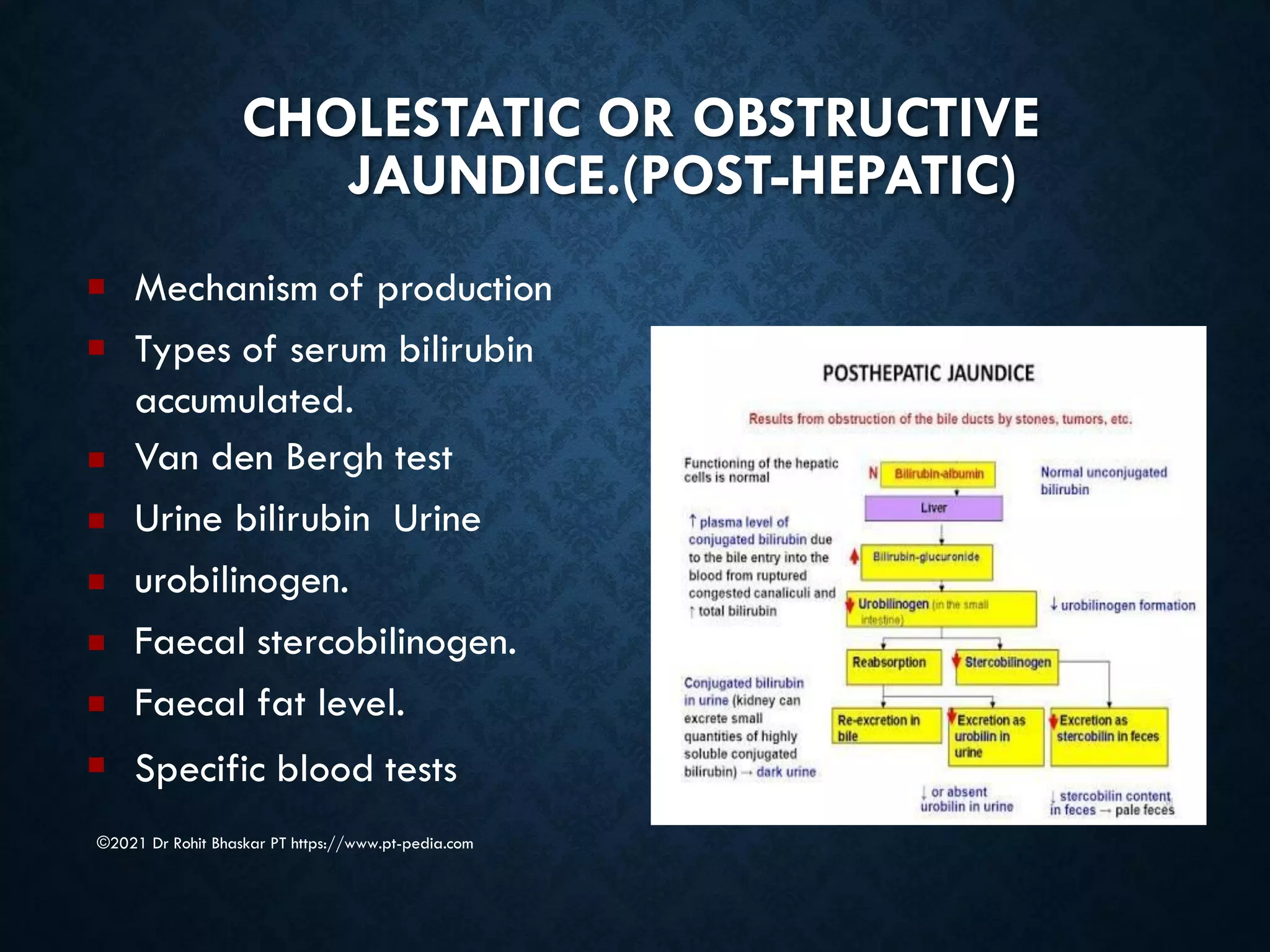 CHOLESTATIC OR OBSTRUCTIVE
JAUNDICE.(POST-HEPATIC)
©2021 Dr Rohit Bhaskar PT https://www.pt-pedia.com
■
■
■
■
■
■
■
■
Mechanism of production
Types of serum bilirubin
accumulated.
Van den Bergh test
Urine bilirubin Urine
urobilinogen.
Faecal stercobilinogen.
Faecal fat level.
Specific blood tests
 