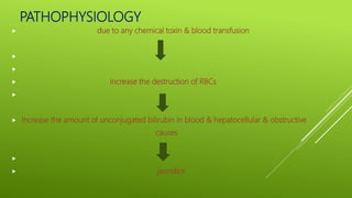 PATHOPHYSIOLOGY
 due to any chemical toxin & blood transfusion


 Increase the destruction of RBCs

 Increase the amount of unconjugated bilirubin in blood & hepatocellular & obstructive
causes

 jaundice
 