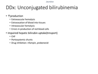 Jaundice
DDx: Unconjugated bilirubinemia
• ↑production
• Extravascular hemolysis
• Extravasation of blood into tissues
• Intravascular hemolysis
• Errors in production of red blood cells
• Impaired hepatic bilirubin uptake(trnsport)
• CHF
• Portosystemic shunts
• Drug inhibition: rifampin, probenecid
 