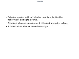 Jaundice
• To be transported in blood, bilirubin must be solubilized by
noncovalent binding to albumin.
• Bilirubin + albumin= unconjugated bilirubin transported to liver.
• Bilirubin minus albumin enters hepatocyte.
 