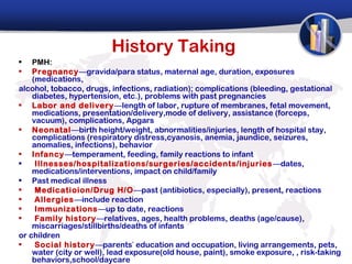 History Taking
•   PMH:
•   Pregnancy—gravida/para status, maternal age, duration, exposures
    (medications,
alcohol, tobacco, drugs, infections, radiation); complications (bleeding, gestational
    diabetes, hypertension, etc.), problems with past pregnancies
• Labor and delivery—length of labor, rupture of membranes, fetal movement,
    medications, presentation/delivery,mode of delivery, assistance (forceps,
    vacuum), complications, Apgars
• Neonatal—birth height/weight, abnormalities/injuries, length of hospital stay,
    complications (respiratory distress,cyanosis, anemia, jaundice, seizures,
    anomalies, infections), behavior
• Infancy—temperament, feeding, family reactions to infant
•    Illnesses/hospitalizations/surgeries/accidents/injuries —dates,
    medications/interventions, impact on child/family
• Past medical illness
•    Medicatioion/Drug H/O—past (antibiotics, especially), present, reactions
•    Allergies—include reaction
•    Immunizations—up to date, reactions
•    Family history—relatives, ages, health problems, deaths (age/cause),
    miscarriages/stillbirths/deaths of infants
or children
•    Social history—parents’ education and occupation, living arrangements, pets,
    water (city or well), lead exposure(old house, paint), smoke exposure, , risk-taking
    behaviors,school/daycare
 