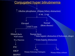 Conjugated hyper bilirubinemiaConjugated hyper bilirubinemia
Alkaline phosphatase (Hepato biliary obstruction)
5’ NT, γ GT
Elevated Normal
(Bone disease)
US/CT scan
Dilated ducts Normal ducts
•Gall stones
•Ca. Pancreas
PTC
ERCP
BIOPSY
* Intra hepatic obstruction (Cholestasis, drugs)
* Extra hepatic obstruction
+ Ve - Ve
Primary Sclerosing Cholengitis Primary biliary cirrhosis
 