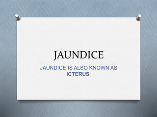 JAUNDICE
JAUNDICE IS ALSO KNOWN AS
ICTERUS.
 
