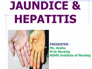JAUNDICE &
HEPATITIS
PRESENTER-
Ms. Anshu
M.Sc Nursing
KGMU Institute of Nursing
 