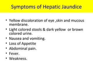 Symptoms of Hepatic Jaundice
• Yellow discoloration of eye ,skin and mucous
membrane.
• Light colored stools & dark yellow or brown
colored urine.
• Nausea and vomiting.
• Loss of Appetite
• Abdominal pain.
• Fever.
• Weakness.
 