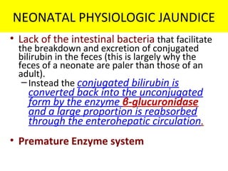 NEONATAL PHYSIOLOGIC JAUNDICE
• Lack of the intestinal bacteria that facilitate
the breakdown and excretion of conjugated
bilirubin in the feces (this is largely why the
feces of a neonate are paler than those of an
adult).
–Instead the conjugated bilirubin is
converted back into the unconjugated
form by the enzyme β-glucuronidase
and a large proportion is reabsorbed
through the enterohepatic circulation.
• Premature Enzyme system
 