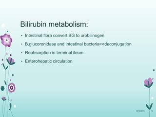 Bilirubin metabolism:
• Intestinal flora convert BG to urobilinogen
• B.glucoronidase and intestinal bacteria>>deconjugation
• Reabsorption in terminal ileum
• Enterohepatic circulation
10/14/2015 10
 