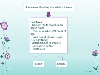 Predominantly indirect hyperbilirubinemia
Red flags
bilirubin >95th percentile for
age in hours
Onset of jaundice <24 hours of
age
Rapid rise of bilirubin levels
(>.5 mg/dl/hour)
Maternal blood is group O
Rh-negative mother
Risk factors
absent present
10/14/2015 23
 