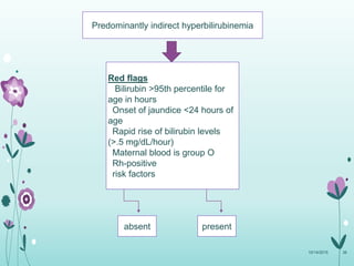 Predominantly indirect hyperbilirubinemia
Red flags
Bilirubin >95th percentile for
age in hours
Onset of jaundice <24 hours of
age
Rapid rise of bilirubin levels
(>.5 mg/dL/hour)
Maternal blood is group O
Rh-positive
risk factors
absent present
10/14/2015 36
 