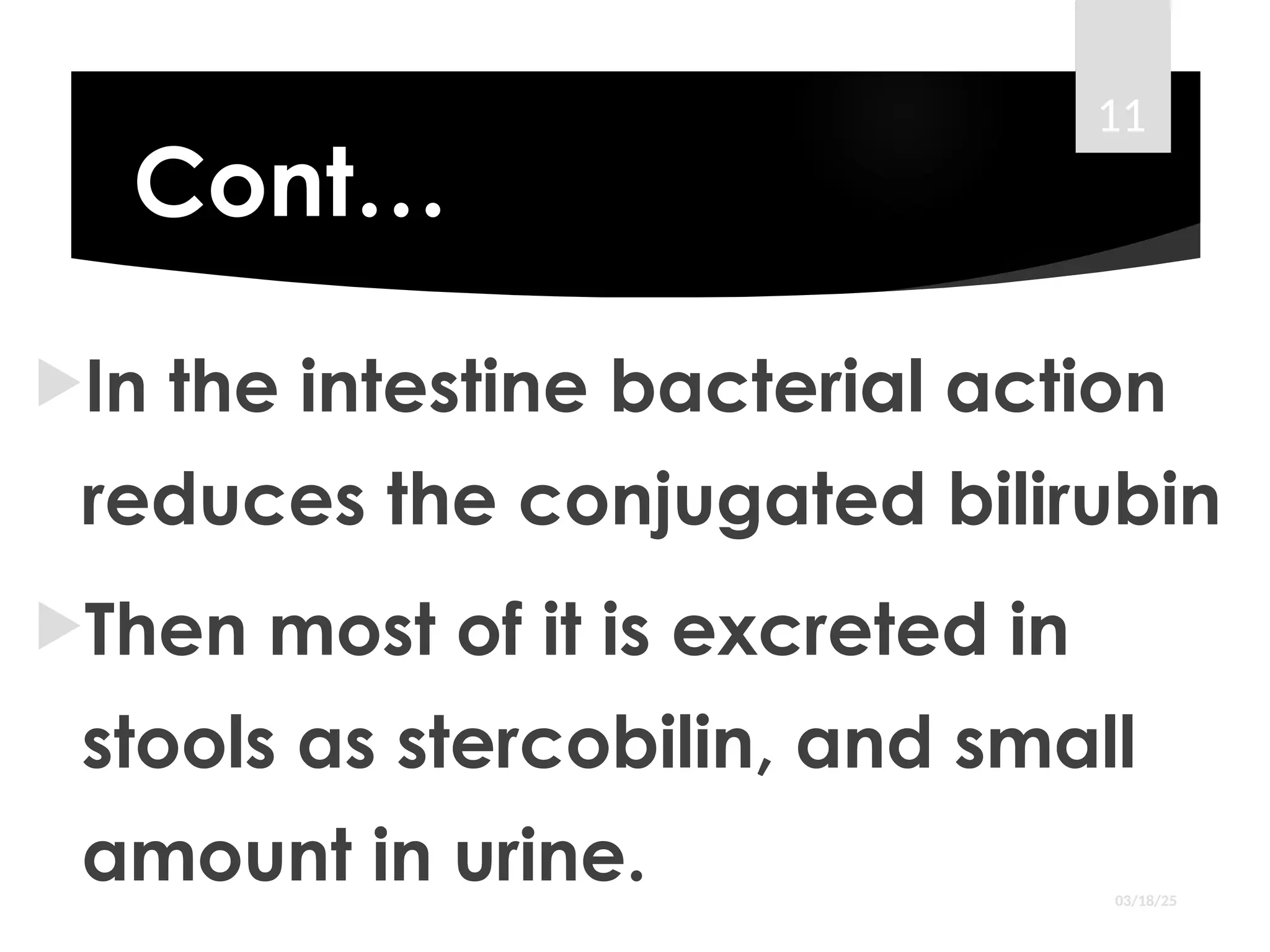 Cont…
In the intestine bacterial action
reduces the conjugated bilirubin
Then most of it is excreted in
stools as stercobilin, and small
amount in urine. 03/18/25
11
 