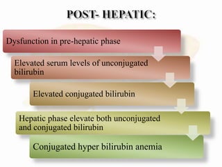 Dysfunction in pre-hepatic phase
Elevated serum levels of unconjugated
bilirubin
Elevated conjugated bilirubin
Hepatic phase elevate both unconjugated
and conjugated bilirubin
Conjugated hyper bilirubin anemia
 