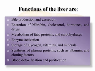  Bile production and excretion
 Excretion of bilirubin, cholesterol, hormones, and
drugs
 Metabolism of fats, proteins, and carbohydrates
 Enzyme activation
 Storage of glycogen, vitamins, and minerals
 Synthesis of plasma proteins, such as albumin, and
clotting factors
 Blood detoxification and purification
 