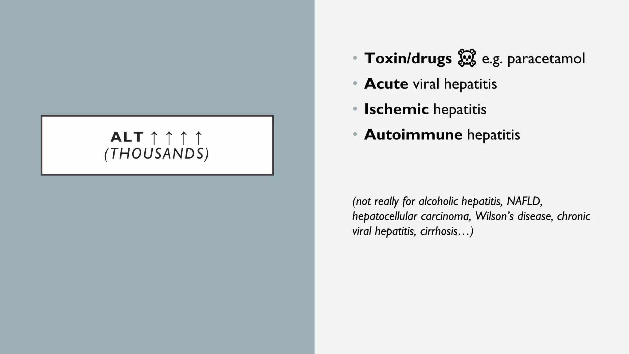 ALT ↑ ↑ ↑ ↑
(THOUSANDS)
• Toxin/drugs ☠️ e.g. paracetamol
• Acute viral hepatitis
• Ischemic hepatitis
• Autoimmune hepatitis
(not really for alcoholic hepatitis, NAFLD,
hepatocellular carcinoma, Wilson’s disease, chronic
viral hepatitis, cirrhosis…)
 