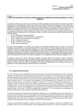 PLF 2016 151
Formation professionnelle
LES ORGANISMES DE FORMATION
Encadré 1
L’ANALYSE RESTREINTE AUX SEULS PRESTATAIRES DE FORMATION CONTINUE EXERÇANT À TITRE
PRINCIPAL
La formation continue est un marché ouvert, pour lequel les textes fondateurs n’ont pas conféré de monopole ni de position
dominante à tel ou tel dispensateur. Peuvent donc exercer une activité de formation des entreprises, des associations, des
établissements et des organismes privés quelle que soit leur activité. C’est ainsi que coexistent sur ce marché des
organismes qui exercent cette activité à titre principal, et d’autres prestataires pour lesquels elle est secondaire, et qui ne
réalisent leurs prestations de formation qu’en tant qu’activité annexe ou en accompagnement de la vente d’un produit [3].
Les organismes de formation continue exerçant leur activité à titre principal sont ceux dont le code APE (activité principale
exercée) relève de l’enseignement ou de la formation, initiale ou continue, soit ceux dont le code APE figure parmi les six
activités suivantes :
− 85.31Z : Enseignement secondaire général ;
− 85.32Z : Enseignement secondaire technique ou professionnel ;
− 85.41Z : Enseignement post-secondaire non supérieur ;
− 85.42Z : Enseignement supérieur ;
− 85.59A : Formation continue d’adultes ;
− 85.59B : Autres enseignements.
En 2012, 19 500 prestataires ont exercé à titre principal une activité de formation continue, soit moins d’un tiers de
l’ensemble des organismes. Ils ont néanmoins réalisé 64 % de l’ensemble du chiffre d’affaires réalisé par la branche
« formation continue » et formé 54,8 % des stagiaires, pour 67,8% des heures-stagiaires effectuées. Ces parts sont en
hausse de 1 point pour le chiffre d’affaires et les stagiaires et de plus de 2 points pour les heures-stagiaires. Le nombre de
prestataires exerçant à titre principal est en hausse de 8 % par rapport à 2011, soit une progression plus importante que pour
l’ensemble des prestataires de formation continue. Ces organismes ont dégagé un chiffre d’affaires de 8,6 milliards d’euros,
soit 4,6 % de plus qu’en 2010, formé 13,4 millions de stagiaires (+ 3 %) et dispensé 783 millions d’heures-stagiaires (+7 %).
Il convient de noter que le champ « formation » présenté ici est plus large que l’acception du terme « formation »
couramment retenu dans d’autres cadres et notamment dans le langage courant. En vertu de l’article L.6313-1 du code du
travail, le champ de la formation professionnelle couvre également des prestations d’accompagnement et d’orientation sur le
marché du travail, comme les bilans de compétence, les actions d’accompagnement à la validation des acquis de
l’expérience ou l’accompagnement des créateurs-repreneurs d’entreprises.
1.3. L’origine des financements
En 2012, comme les années précédentes, les achats de formation des entreprises représentent plus de la moitié des
recettes des organismes, 38 % étant directement versés par les employeurs et 18 % transitant par les organismes
paritaires collecteurs agréés (OPCA) des fonds de la formation continue (tableau 2). Les administrations publiques, de
leur côté, représentent la deuxième source de revenu pour les organismes de formation (26 %), après les entreprises.
Elles contribuent pour 6 % aux revenus des prestataires en tant qu’employeur mais à hauteur de 20 % pour la
formation d’autres publics. Les particuliers participent à hauteur de 7 % du chiffre d’affaires des prestataires. Les
produits provenant de contrats conclus avec d’autres organismes de formation en sous-traitance ou en co-traitance
contribuent pour 5 %. Enfin, les produits résultant de formations facturées à des entreprises étrangères et se déroulant
à l'étranger, de la vente d'outils pédagogiques, des redevances pour concessions et brevets liés à la formation et les
autres produits en lien avec la formation professionnelle représentent 7 % des ressources des prestataires de
formation représentent 7 % des ressources des prestataires de formation.
En 2012, les ressources en provenance des organismes collecteurs (+7,7 %) progressent plus que les ressources en
provenance des entreprises (+2,8 %). Les entreprises comme les OPCA s’adressent principalement aux organismes de
formation privés à but lucratif (respectivement 69 % et 52 % de leur dépense) et renforcent ce choix par rapport à 2011
(respectivement +0,9 et 0,8 point). Le recours à un prestataire privé à but non lucratif est beaucoup moins fréquent,
surtout pour les entreprises (19 % de leur dépense contre 28 % pour les OPCA).
Lorsque les administrations publiques renoncent à former en interne leurs agents et utilisent les compétences d’un
prestataire, elles se tournent très largement vers les établissements publics (61 %) comme, par exemple, le centre
 