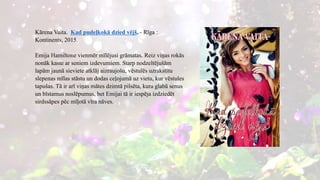 Kārena Vaita. Kad pudeļkokā dzied vējš. - Rīga :
Kontinents, 2015.
Emija Hamiltone vienmēr mīlējusi grāmatas. Reiz viņas rokās
nonāk kaste ar seniem izdevumiem. Starp nodzeltējušām
lapām jaunā sieviete atklāj aizraujošu, vēstulēs uzrakstītu
slepenas mīlas stāstu un dodas ceļojumā uz vietu, kur vēstules
tapušas. Tā ir arī viņas mātes dzimtā pilsēta, kura glabā senus
un bīstamus noslēpumus, bet Emijai tā ir iespēja izdziedēt
sirdssāpes pēc mīļotā vīra nāves.
 