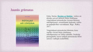 Jaunās grāmatas
Geka, Sarma. Rotaļas ar līnijām : redzes un
dzirdes uztveri attīstoši līniju zīmēšanas
vingrinājumi pirmsskolas vecuma bērniem
rakstītprasmes, orientēšanās laukumā, iztēles
un pašpaļāvības veicināšanai. Rīga : RaKa,
2017.
Vingrinājumi pirmsskolas bērniem, kuru
izpilde veicina līniju zīmēšanas,
rakstītprasmes un iztēles attīstību. Noderīgi
paraugdarbi, kurus radījuši pirmsskolas bērni
autores vadītajās nodarbībās.
 