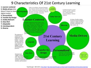 9 Characteristics Of 21st Century Learning
Teachthought 08/31/2012, Terry Heick http://www.teachthought.com/learning/9-cha...