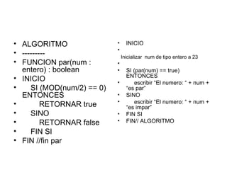 ALGORITMO --------- FUNCION par(num : entero) : boolean INICIO SI (MOD(num/2) == 0) ENTONCES RETORNAR true SINO RETORNAR false FIN SI FIN //fin par INICIO Inicializar  num de tipo entero a 23 SI (par(num) == true)  ENTONCES escribir “El numero: “ + num + “es par” SINO escribir “El numero: “ + num + “es impar” FIN SI FIN// ALGORITMO 