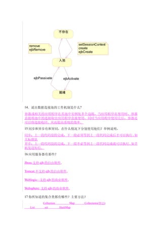 不存在



  remove                             setSessionContext
  ejbRemove                          create
                                     ejbCreate

                         入池




      ejbPassivate         ejbActivate



                         就绪



14．说出数据连接池的工作机制是什么?

容器或相关的应用程序在其池中实例化多个边接，当应用程序在使用时，容器
直接将池中的连接取出应用程序直接使用，同时当应用程序使用完后，容器还
可以将连接收回。从而提高系统的效率。
15 同步和异步有和异同，在什么情况下分别使用他们？举例说明。

同步：上一段代码没的完成，下一段必须等到上一段代码完成后才可以执行。如
买标排队
异步：上一段代码没的完成，下一段不必等到上一段代码完成就可以执行。如手
机发送短信。
16 应用服务器有那些？

Jboss:支持 ejb 的自由软件.

Tomcat:不支持 ejb 的自由软件.

Weblogic: :支持 ejb 的商业软件.

Websphere: 支持 ejb 的商业软件.

17 你所知道的集合类都有哪些？主要方法？
            Collection         Map       Collections(算法)
   List      set         HashMap
 