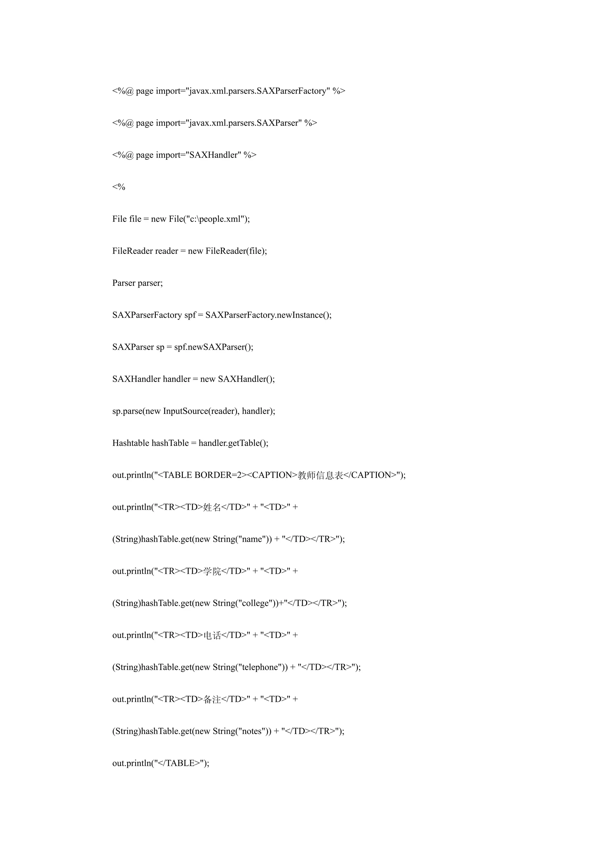 <%@ page import="javax.xml.parsers.SAXParserFactory" %>


<%@ page import="javax.xml.parsers.SAXParser" %>


<%@ page import="SAXHandler" %>


<%


File file = new File("c:people.xml");


FileReader reader = new FileReader(file);


Parser parser;


SAXParserFactory spf = SAXParserFactory.newInstance();


SAXParser sp = spf.newSAXParser();


SAXHandler handler = new SAXHandler();


sp.parse(new InputSource(reader), handler);


Hashtable hashTable = handler.getTable();


out.println("<TABLE BORDER=2><CAPTION>教师信息表</CAPTION>");


out.println("<TR><TD>姓名</TD>" + "<TD>" +


(String)hashTable.get(new String("name")) + "</TD></TR>");


out.println("<TR><TD>学院</TD>" + "<TD>" +


(String)hashTable.get(new String("college"))+"</TD></TR>");


out.println("<TR><TD>电话</TD>" + "<TD>" +


(String)hashTable.get(new String("telephone")) + "</TD></TR>");


out.println("<TR><TD>备注</TD>" + "<TD>" +


(String)hashTable.get(new String("notes")) + "</TD></TR>");


out.println("</TABLE>");
 