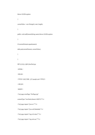throws SAXException


{


currentValue = new String(ch, start, length);


}


public void endElement(String name) throws SAXException


{


if (currentElement.equals(name))


table.put(currentElement, currentValue);


}


}


JSP 内容显示源码,SaxXml.jsp:


<HTML>


<HEAD>


<TITLE>剖析 XML 文件 people.xml</TITLE>


</HEAD>


<BODY>


<%@ page errorPage="ErrPage.jsp"


contentType="text/html;charset=GB2312" %>


<%@ page import="java.io.*" %>


<%@ page import="java.util.Hashtable" %>


<%@ page import="org.w3c.dom.*" %>


<%@ page import="org.xml.sax.*" %>
 