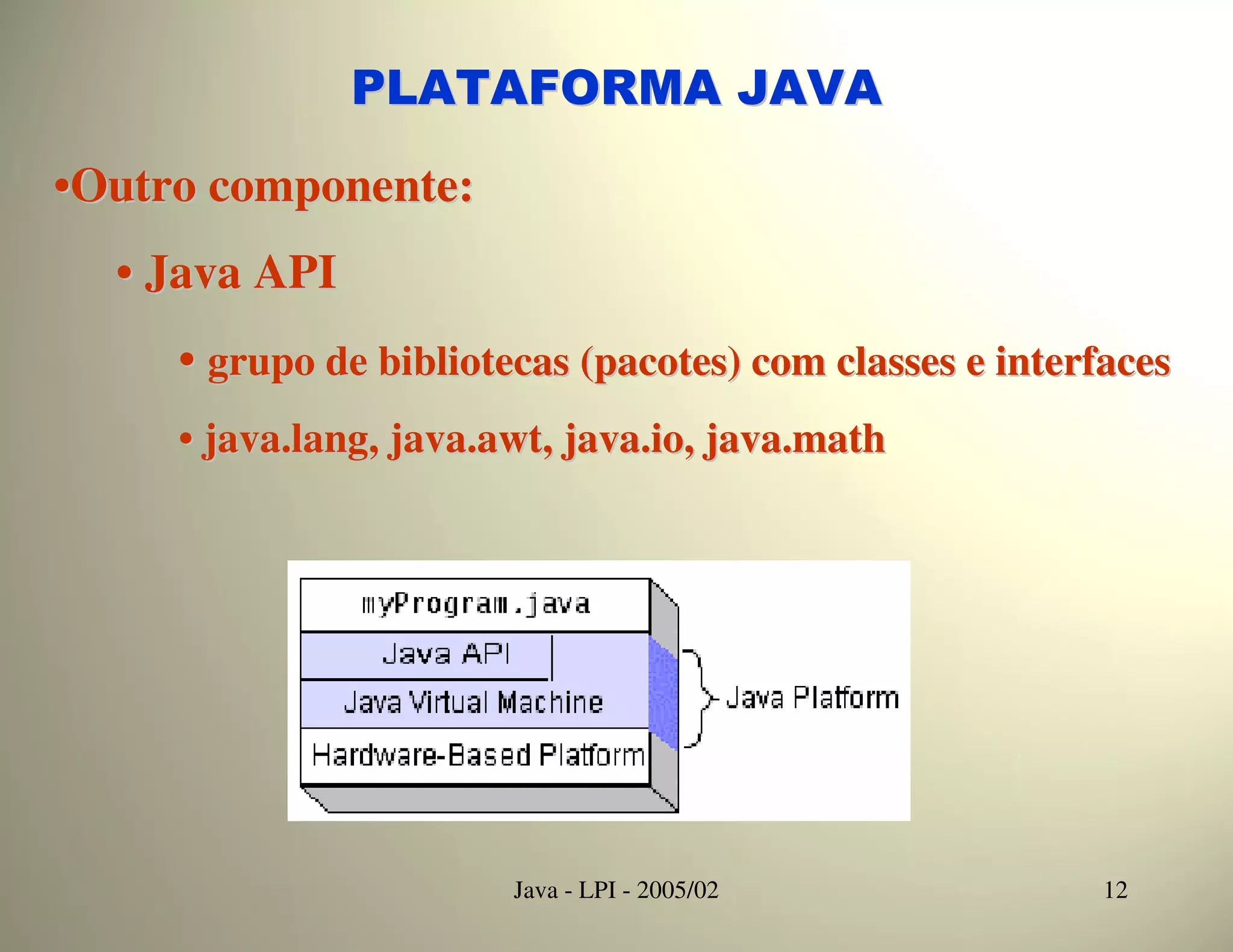 PLATAFORMA JAVA

•Outro componente:
  • Java API
     • grupo de bibliotecas (pacotes) com classes e interfaces
     • java.lang, java.awt, java.io, java.math




                        Java - LPI - 2005/02              12
 