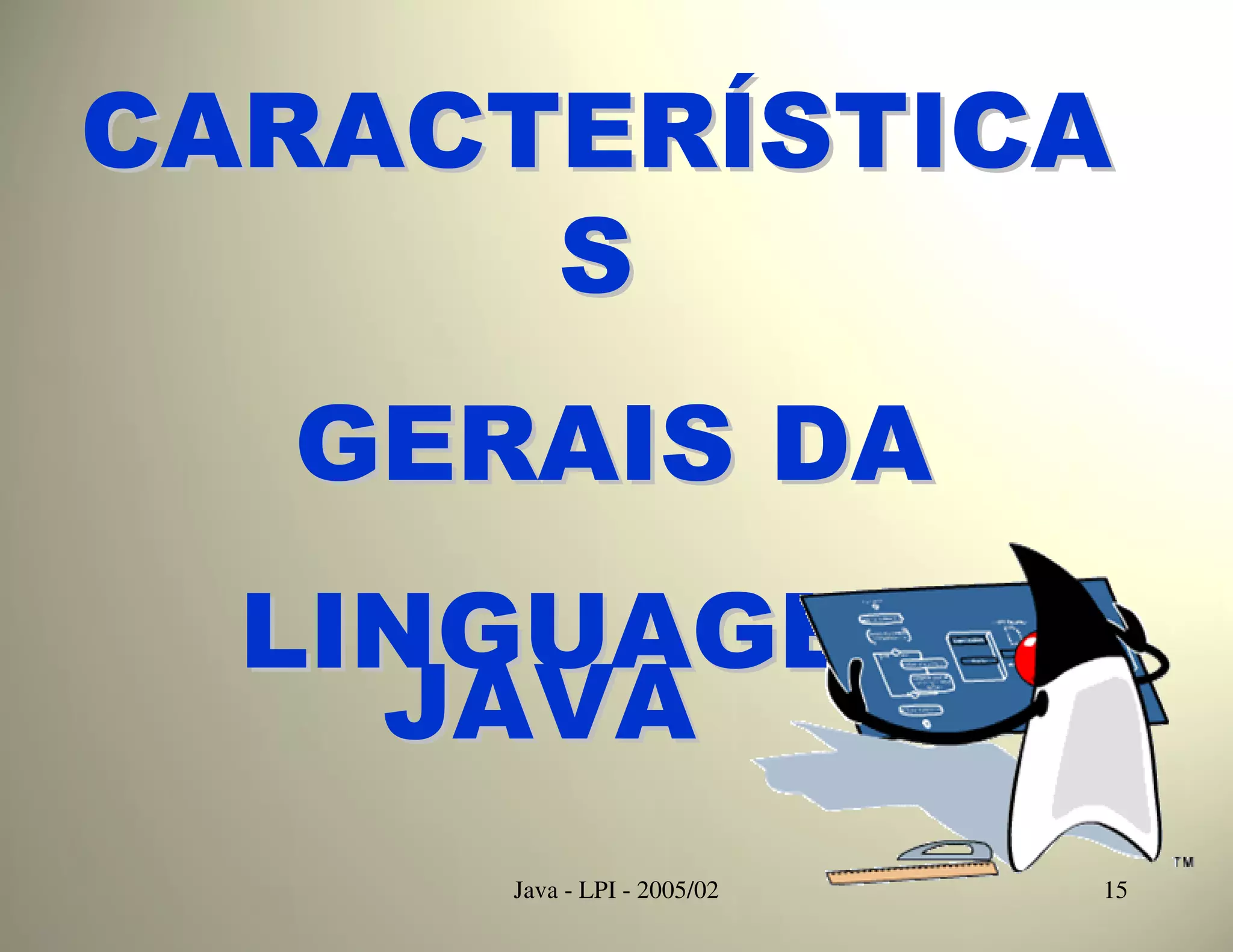 CARACTERÍSTICA
      S
  GERAIS DA
  LINGUAGEM
    JAVA
     Java - LPI - 2005/02   15
 