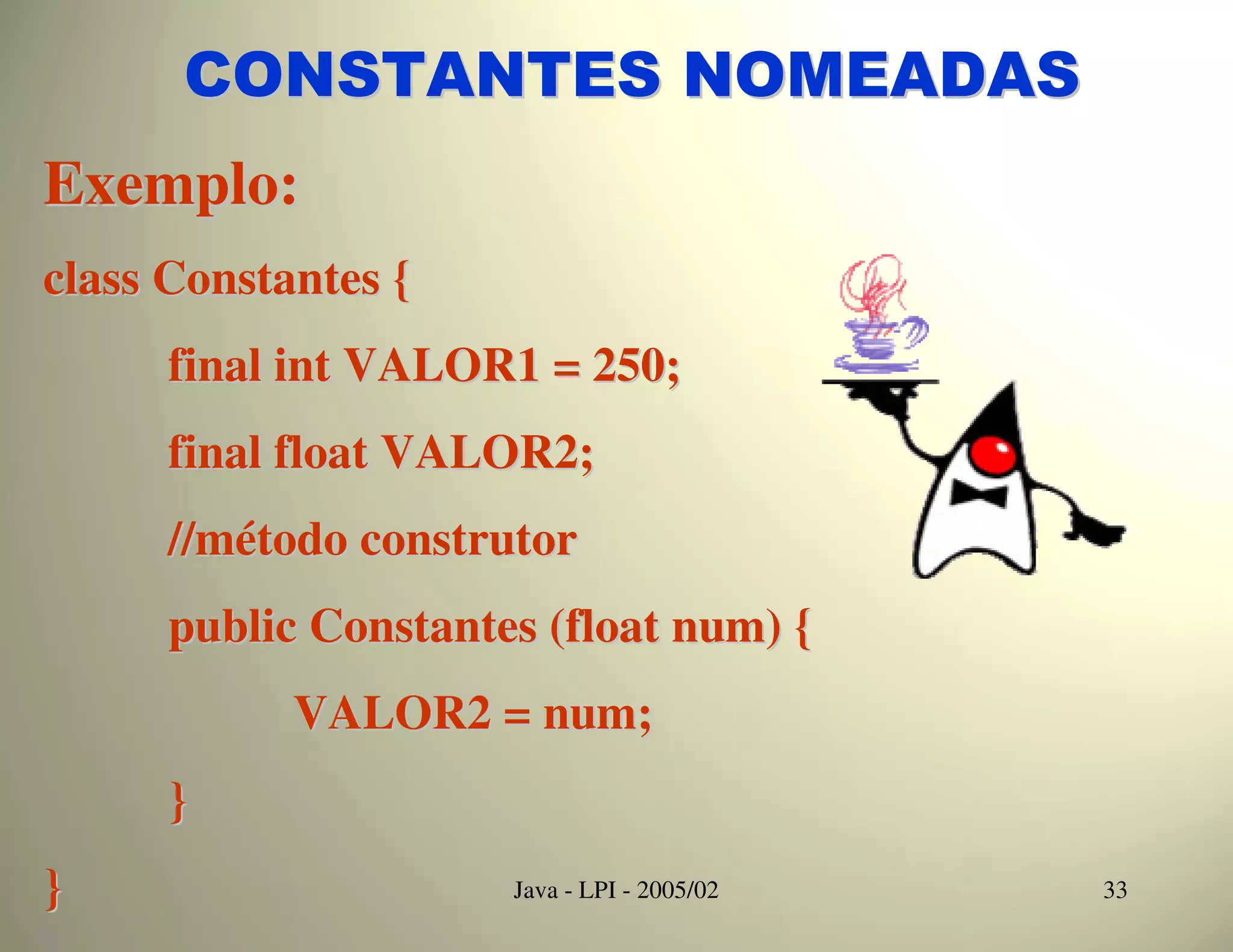 CONSTANTES NOMEADAS
Exemplo:
class Constantes {
      final int VALOR1 = 250;
      final float VALOR2;
      //método construtor
      public Constantes (float num) {
            VALOR2 = num;
      }
}                     Java - LPI - 2005/02   33
 