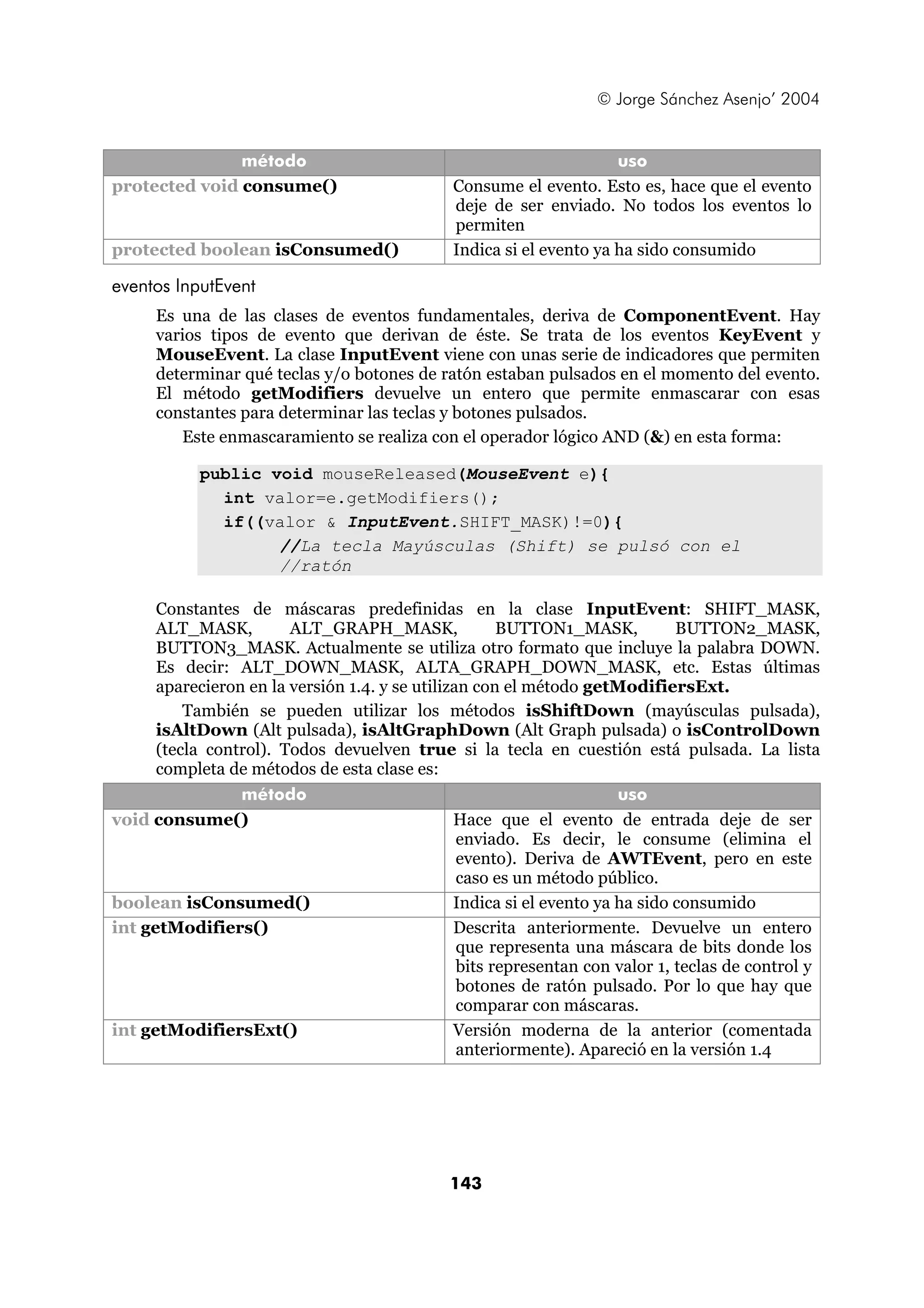 © Jorge Sánchez Asenjo’ 2004


               método                                                 uso
protected void consume()                       Consume el evento. Esto es, hace que el evento
                                               deje de ser enviado. No todos los eventos lo
                                               permiten
protected boolean isConsumed()                 Indica si el evento ya ha sido consumido

eventos InputEvent
      Es una de las clases de eventos fundamentales, deriva de ComponentEvent. Hay
      varios tipos de evento que derivan de éste. Se trata de los eventos KeyEvent y
      MouseEvent. La clase InputEvent viene con unas serie de indicadores que permiten
      determinar qué teclas y/o botones de ratón estaban pulsados en el momento del evento.
      El método getModifiers devuelve un entero que permite enmascarar con esas
      constantes para determinar las teclas y botones pulsados.
         Este enmascaramiento se realiza con el operador lógico AND (&) en esta forma:

            public void mouseReleased(MouseEvent e){
              int valor=e.getModifiers();
              if((valor & InputEvent.SHIFT_MASK)!=0){
                    //La tecla Mayúsculas (Shift) se pulsó con el
                    //ratón

      Constantes de máscaras predefinidas en la clase InputEvent: SHIFT_MASK,
      ALT_MASK,         ALT_GRAPH_MASK,                BUTTON1_MASK,           BUTTON2_MASK,
      BUTTON3_MASK. Actualmente se utiliza otro formato que incluye la palabra DOWN.
      Es decir: ALT_DOWN_MASK, ALTA_GRAPH_DOWN_MASK, etc. Estas últimas
      aparecieron en la versión 1.4. y se utilizan con el método getModifiersExt.
          También se pueden utilizar los métodos isShiftDown (mayúsculas pulsada),
      isAltDown (Alt pulsada), isAltGraphDown (Alt Graph pulsada) o isControlDown
      (tecla control). Todos devuelven true si la tecla en cuestión está pulsada. La lista
      completa de métodos de esta clase es:
                 método                                                uso
void consume()                                  Hace que el evento de entrada deje de ser
                                                 enviado. Es decir, le consume (elimina el
                                                 evento). Deriva de AWTEvent, pero en este
                                                 caso es un método público.
boolean isConsumed()                            Indica si el evento ya ha sido consumido
int getModifiers()                              Descrita anteriormente. Devuelve un entero
                                                 que representa una máscara de bits donde los
                                                 bits representan con valor 1, teclas de control y
                                                 botones de ratón pulsado. Por lo que hay que
                                                 comparar con máscaras.
int getModifiersExt()                           Versión moderna de la anterior (comentada
                                                 anteriormente). Apareció en la versión 1.4




                                              143
 