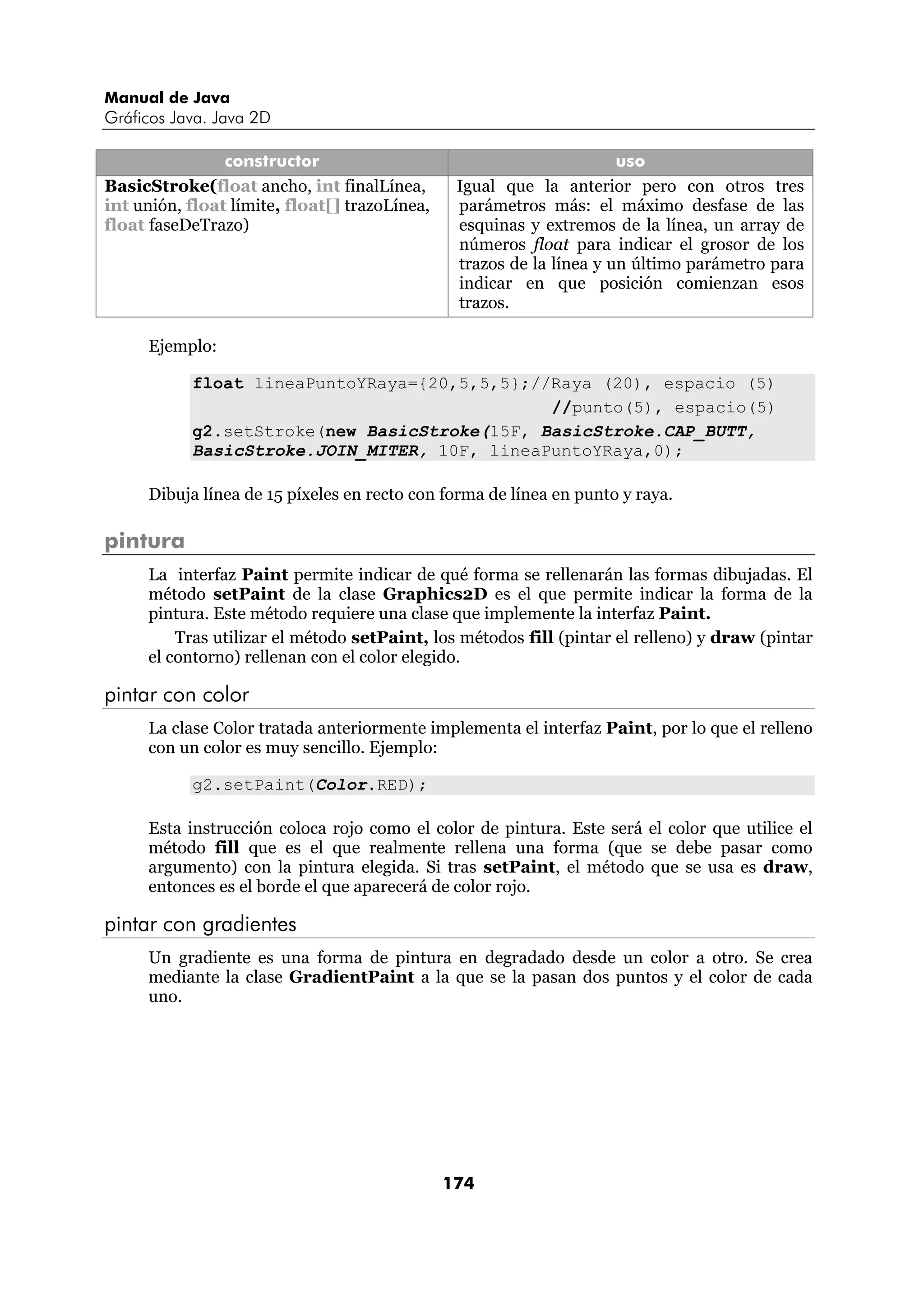 Manual de Java
Gráficos Java. Java 2D

                constructor                                           uso
BasicStroke(float ancho, int finalLínea,        Igual que la anterior pero con otros tres
int unión, float límite, float[] trazoLínea,    parámetros más: el máximo desfase de las
float faseDeTrazo)                              esquinas y extremos de la línea, un array de
                                                números float para indicar el grosor de los
                                                trazos de la línea y un último parámetro para
                                                indicar en que posición comienzan esos
                                                trazos.

     Ejemplo:

           float lineaPuntoYRaya={20,5,5,5};//Raya (20), espacio (5)
                                              //punto(5), espacio(5)
           g2.setStroke(new BasicStroke(15F, BasicStroke.CAP_BUTT,
           BasicStroke.JOIN_MITER, 10F, lineaPuntoYRaya,0);

     Dibuja línea de 15 píxeles en recto con forma de línea en punto y raya.

pintura
     La interfaz Paint permite indicar de qué forma se rellenarán las formas dibujadas. El
     método setPaint de la clase Graphics2D es el que permite indicar la forma de la
     pintura. Este método requiere una clase que implemente la interfaz Paint.
         Tras utilizar el método setPaint, los métodos fill (pintar el relleno) y draw (pintar
     el contorno) rellenan con el color elegido.

pintar con color
     La clase Color tratada anteriormente implementa el interfaz Paint, por lo que el relleno
     con un color es muy sencillo. Ejemplo:

           g2.setPaint(Color.RED);

     Esta instrucción coloca rojo como el color de pintura. Este será el color que utilice el
     método fill que es el que realmente rellena una forma (que se debe pasar como
     argumento) con la pintura elegida. Si tras setPaint, el método que se usa es draw,
     entonces es el borde el que aparecerá de color rojo.

pintar con gradientes
     Un gradiente es una forma de pintura en degradado desde un color a otro. Se crea
     mediante la clase GradientPaint a la que se la pasan dos puntos y el color de cada
     uno.




                                               174
 