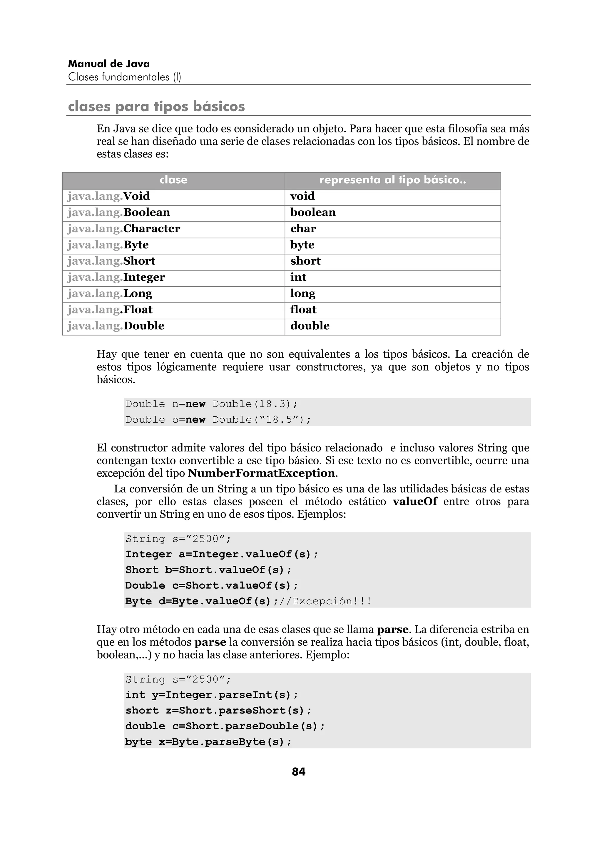 Manual de Java
Clases fundamentales (I)

clases para tipos básicos
      En Java se dice que todo es considerado un objeto. Para hacer que esta filosofía sea más
      real se han diseñado una serie de clases relacionadas con los tipos básicos. El nombre de
      estas clases es:

                   clase                            representa al tipo básico..
java.lang.Void                                void
java.lang.Boolean                             boolean
java.lang.Character                           char
java.lang.Byte                                byte
java.lang.Short                               short
java.lang.Integer                             int
java.lang.Long                                long
java.lang.Float                               float
java.lang.Double                              double

      Hay que tener en cuenta que no son equivalentes a los tipos básicos. La creación de
      estos tipos lógicamente requiere usar constructores, ya que son objetos y no tipos
      básicos.

            Double n=new Double(18.3);
            Double o=new Double(“18.5”);

      El constructor admite valores del tipo básico relacionado e incluso valores String que
      contengan texto convertible a ese tipo básico. Si ese texto no es convertible, ocurre una
      excepción del tipo NumberFormatException.
          La conversión de un String a un tipo básico es una de las utilidades básicas de estas
      clases, por ello estas clases poseen el método estático valueOf entre otros para
      convertir un String en uno de esos tipos. Ejemplos:

            String s=”2500”;
            Integer a=Integer.valueOf(s);
            Short b=Short.valueOf(s);
            Double c=Short.valueOf(s);
            Byte d=Byte.valueOf(s);//Excepción!!!

      Hay otro método en cada una de esas clases que se llama parse. La diferencia estriba en
      que en los métodos parse la conversión se realiza hacia tipos básicos (int, double, float,
      boolean,...) y no hacia las clase anteriores. Ejemplo:

            String s=”2500”;
            int y=Integer.parseInt(s);
            short z=Short.parseShort(s);
            double c=Short.parseDouble(s);
            byte x=Byte.parseByte(s);

                                              84
 