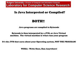 Is Java Interpreted or Compiled?
BOTH!!
Java programs are compiled to Bytecode
Bytecode is then interpreted by a JVM, or Java Virtual
machine. The virtual machine is what runs your program
It’s the JVM that cares about your Operating system, NOT THE PROGRAM!
WORA - Write Once, Run Anywhere!
 