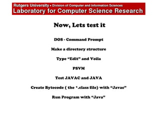 Now, Lets test it
DOS - Command Prompt
Make a directory structure
Type “Edit” and Voila
PSVM
Test JAVAC and JAVA
Create Bytecode ( the *.class file) with “Javac”
Run Program with “Java”
 