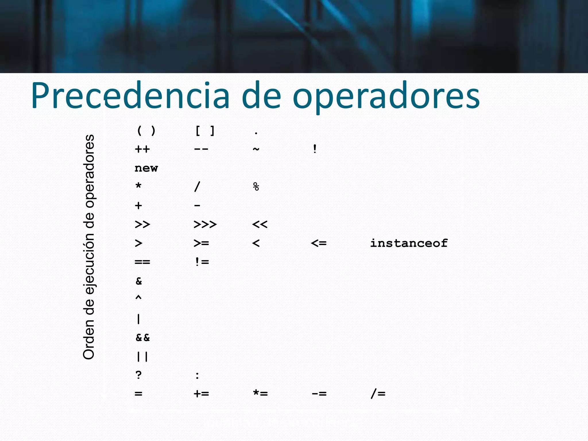 Precedencia de operadores
( ) [ ] .
++ -- ~ !
new
* / %
+ -
>> >>> <<
> >= < <= instanceof
== !=
&
^
|
&&
||
? :
= += *= -= /=
Ordendeejecucióndeoperadores
Igualdad de precedencia
 