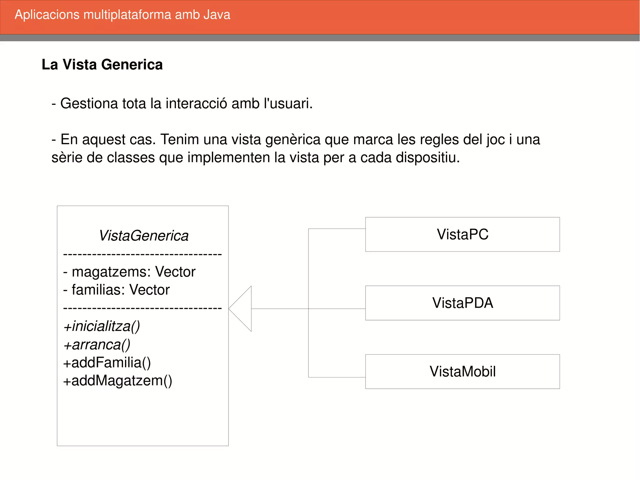    
La Vista Generica
Aplicacions multiplataforma amb Java
VistaGenerica
­­­­­­­­­­­­­­­­­­­­­­­­­­­­­­­­­
­ magatzems: Vector
­ familias: Vector
­­­­­­­­­­­­­­­­­­­­­­­­­­­­­­­­­
+inicialitza()
+arranca()
+addFamilia()
+addMagatzem()
­ Gestiona tota la interacció amb l'usuari. 
­ En aquest cas. Tenim una vista genèrica que marca les regles del joc i una 
sèrie de classes que implementen la vista per a cada dispositiu.
VistaPC
VistaPDA
VistaMobil
 