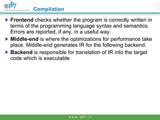 Compilation <ul><li>Frontend  checks whether the program is correctly written in terms of the programming language syntax ...