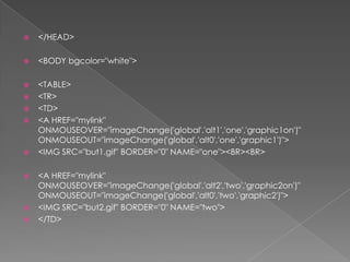 </HEAD><BODY bgcolor="white"><TABLE><TR><TD><A HREF="mylink"  ONMOUSEOVER="imageChange('global','alt1','one','graphic1on')" ONMOUSEOUT="imageChange('global','alt0','one','graphic1')"><IMG SRC="but1.gif" BORDER="0" NAME="one"><BR><BR><A HREF="mylink" ONMOUSEOVER="imageChange('global','alt2','two','graphic2on')" ONMOUSEOUT="imageChange('global','alt0','two','graphic2')"><IMG SRC="but2.gif" BORDER="0" NAME="two">                                </TD>