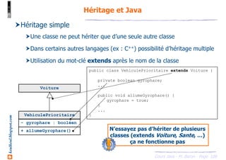 Cours Java - M. Baron - Page
keulkeul.blogspot.com
109
Héritage et Java
VehiculePrioritaire
- gyrophare : booléen
+ allumeGyrophare()
Voiture
Héritage simple
Une classe ne peut hériter que d’une seule autre classe
Dans certains autres langages (ex : C++) possibilité d’héritage multiple
Utilisation du mot-clé extends après le nom de la classe
public class VehiculePrioritaire extends Voiture {
private boolean gyrophare;
...
public void allumeGyrophare() {
gyrophare = true;
}
...
}
N’essayez pas d’hériter de plusieurs
classes (extends Voiture, Sante, …)
ça ne fonctionne pas
 
