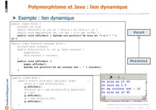 Cours Java - M. Baron - Page
keulkeul.blogspot.com
132
Polymorphisme et Java : lien dynamique
public class Point {
private int x,y;
public Point(int x, int y) { this.x = x; this.y = y; }
public void deplace(int dx, int dy) { x += dx; y+=dy; }
public void affiche() { System.out.println("Je suis en "+ x + " " +
y);}
}
public class Pointcol extends Point {
private byte couleur;
public Pointcol(int x, int y, byte couleur) {
super(x,y);
this.couleur = couleur;
}
public void affiche() {
super.affiche();
System.out.println("et ma couleur est : " + couleur);
}
}
Pointcol
Point
public class Test {
public static void main (String[] argv) {
Point p = new Point(23,45);
p.affiche();
Pointcol pc = new Pointcol(5,5,(byte)12);
p = pc;
p.affiche();
p = new Point(12,45);
p.affiche();
}
}
Exemple : lien dynamique
 