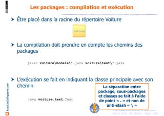 Cours Java - M. Baron - Page
keulkeul.blogspot.com
168
Les packages : compilation et exécution
La séparation entre
package, sous-packages
et classes se fait à l’aide
de point « . » et non de
anti-slash «  »
Être placé dans la racine du répertoire Voiture
La compilation doit prendre en compte les chemins des
packages
L’exécution se fait en indiquant la classe principale avec son
chemin
javac voituremodele*.java voituretest*.java
java voiture.test.Test
Voiture
 