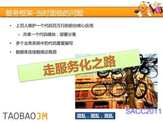 服务框架-当时面临的问题
•   上百人维护一个代码百万行的前台核心应用

    – 共享一个代码模块，部署分离

•   多个业务系统中的代码重复编写

•   数据库连接数接近瓶颈




                                 SACC2011
                      混乱，混乱，混乱
 